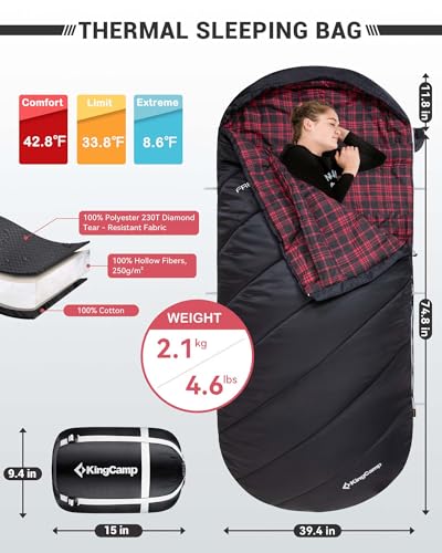 KingCamp Sleeping Bag for Adults, Cold Weather & Warm Extra Wide Big & Tall XL Portable Waterproof Flannel Sleeping Bags, ...