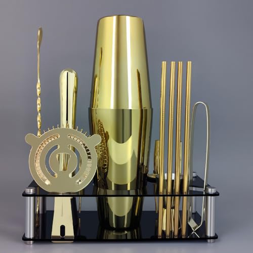 Professional Cocktail Shaker Set with Stand Cocktail Recipes, 15-Piece 750/600ml Bartender Kit, Bar Sets Bartending Kit Ba...
