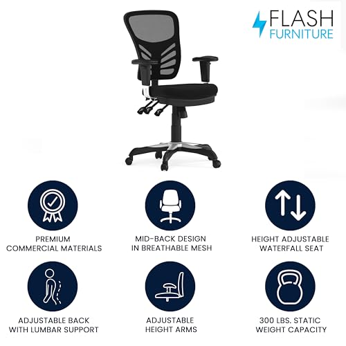 Flash Furniture Nicholas Mid-Back Swivel Desk Chair with Wheels, Mesh Back, Padded Seat, and Armrests, Adjustable Height M...