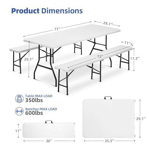 SAVWAY 6 Feet Picnic Table Set with 2 Benches, 6ft Folding Camping Table Chair Set for Indoor Outdoor Use, 3-Piece 6 ft Po...