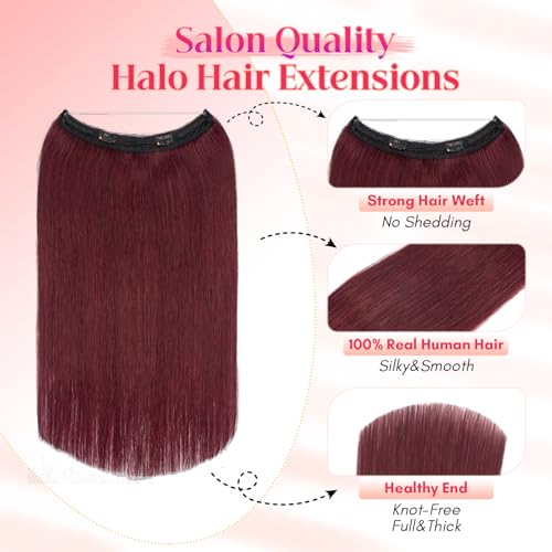 Rich Choices Halo Hair Extensions Real Human Hair Invisible Wire In Hair Extensions Remy Human Hair Clip in Human Hairpiece One Piece 18 Inch #99J Burgundy Red