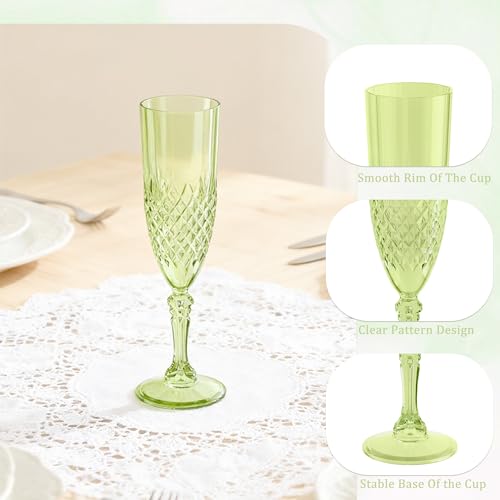 HTTBEIZI Light Green Champagne Flutes Set of 12 7oz, Plastic Reusable Glasses Cups Goblets Shatterproof Unbreakable, for V...