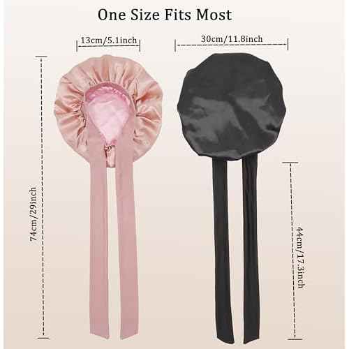 2 PCS Kids Bonnet for Girls Double Layer Silk Satin Bonnet Sleep Cap for Child Curly Natural Hair 3-12Y (pink&black)