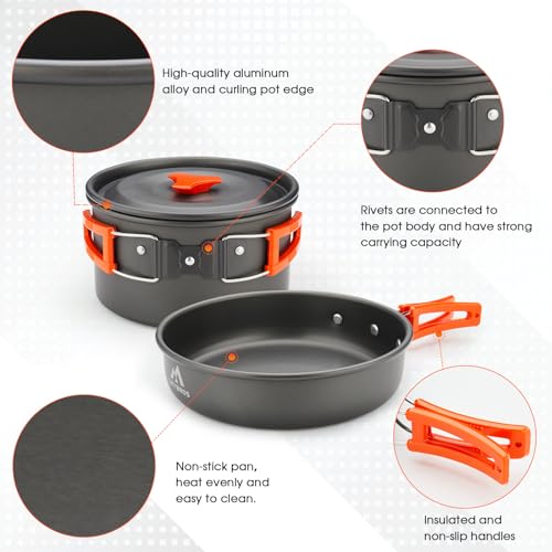 THTYBROS 17pcs Camping Cookware Kit, 0.45Gal Pot, 7inches Pan,0.30Gal Kettle Set with 2 Set Stainless Steel Cups Plates Fo...