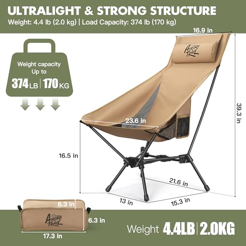 AuroraTrail High Back Folding Camping Chair with Pillow – Lightweight Portable Outdoor Chair with Cup Holder & Carry Bag, ...