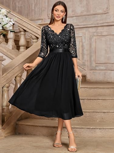 Miusol Women's Elegant V Neck Sequin Lace Sleeve Bridesmaid Party A-line Dress
