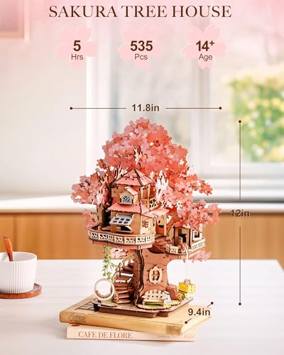 Rolife DIY Miniature House Kits Sakura Tree House 12" 3D Wooden Puzzles for Adults, Japanese Cherry Blossom Model Building...