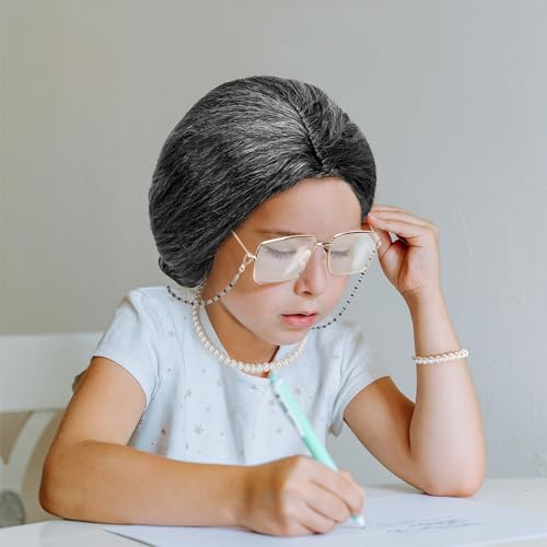 Huskein Old Lady Costume for Women, 100 Days of School Costume for Girls, Granny Bun Wig Glasses Wig Cap Pearl Necklace Br...