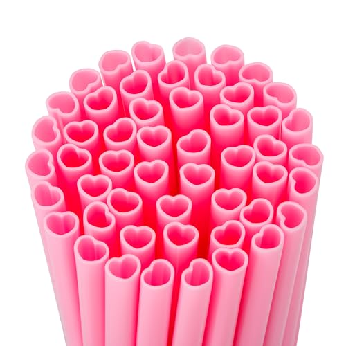 50PCS Valentine’s Day Heart Shaped Pink Straws,Individually Wrapped Cute Plastic Drinking Straws for Valentine & Galentine...