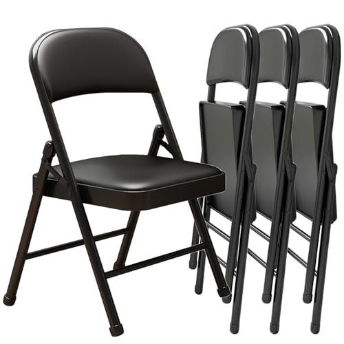 KAOCHA Black Padded Folding Chairs with Cushion 4 Pack, Heavy Duty Steel Metal Frame Foldable Chair for Indoor and Outdoo...