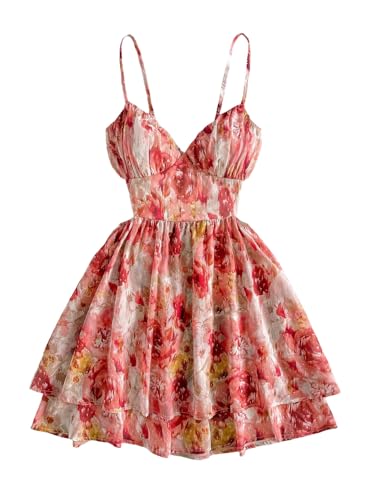 Verdusa Women's Floral Tie Backless Corset Dress Tiered Layered Sleeveless Flowy Dresses Festival Outfits