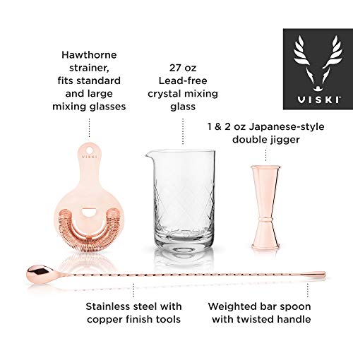 Viski Copper Bartender Kit 4pcs Set | Drink Mixers for Cocktails Gift Essentials: Mixing Glass, Hawthorne Strainer, Japane...