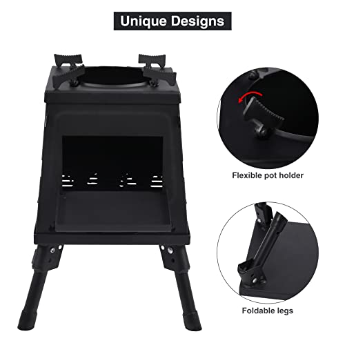 Lineslife Wood Burning Camp Stove, Portable Cast Iron Camping Wood Stove, Black Woodstove with Carrying Case for Backpacki...
