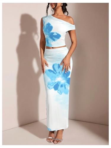 WDIRARA Women's 2 Piece Outfits Floral Print One Shoulder Crop Top Bodycon Ruched Maxi Skirt Set