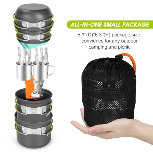 Odoland 16pcs Camping Cookware Mess Kit, Lightweight Pot Pan Mini Stove with 2 Cups, Fork Spoon Kits for Backpacking, Outd...