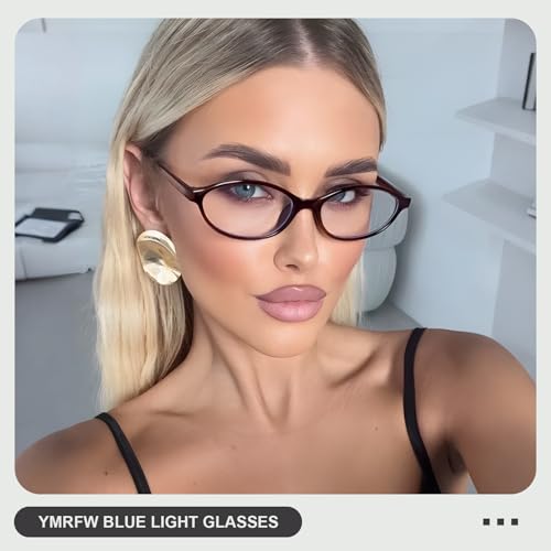 YMRFW Oval Blue Light Blocking Glasses for Women Retro 90s Cat Eye Frame Glasses Computer TV Eyeglasses Anti Eyestrain