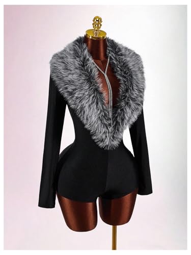 WDIRARA Women's Faux Fur Deep V Neck Long Sleeve Romper Fuzzy Bodycon Shorts Jumpsuit Rave Party