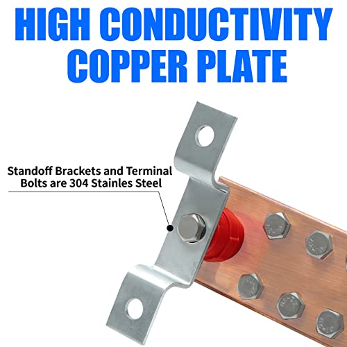 ELECTRAPICK Wall Mounted Copper Grounding Bar Kit, Copper Bus Bar 0.16"x 2.36"x 7.8" Ground Bus Bar with 10 Terminal Posit...