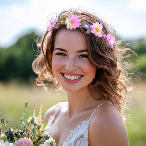 Foyte 4PCS Light Up Sunflower Headbands Daisy Floral Crown Hawaiian Headpieces Fairy Flower Hair Accessories for Summer Pa...
