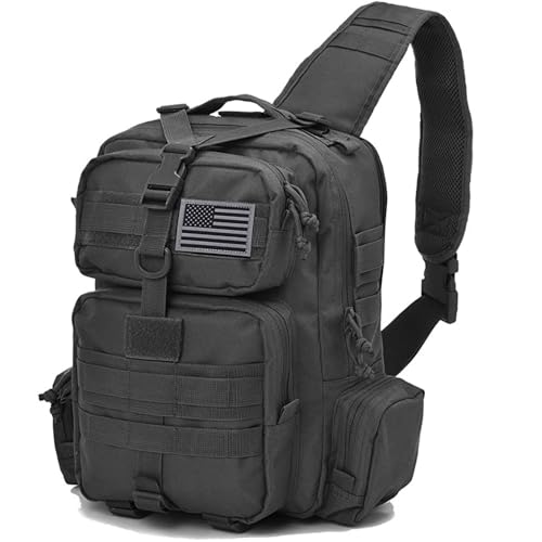 REEBOW GEAR Tactical Sling Bag Military Style Single Shoulder Sling Pack (Black with flag patch)