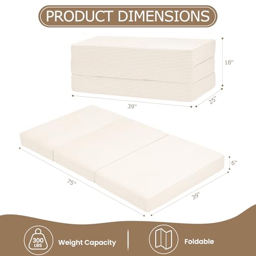 feliz home 6-Inch Tri-Fold Mattress Twin Size - Foldable Futon Sofa Bed with Removable Washable Cover, Folding Memory Foam...