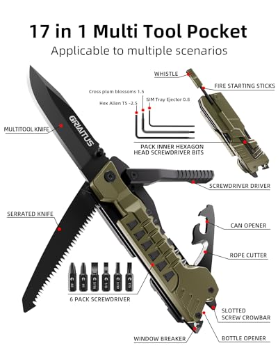 Multitool Knife, 17 in 1 Pocket Knife with Screwdriver, Fire Starter Sticks, Bottle Opener, Saw, Whistle, Nylon Sheath, ED...