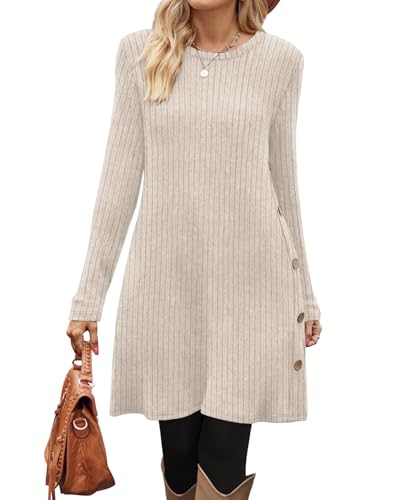 OFEEFAN Fall and Winter Tunic Dress with Pockets Long Sleeve Crew Neck Buttons Side