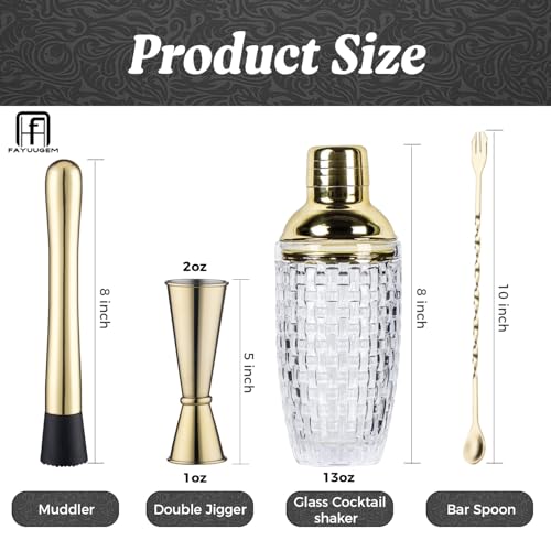 FayuuGem Gold Cocktail Shaker Set - 13oz Glass Mixing Kit with Secure Seal Lid & 4 Bar Tools, Home Bartender Essentials fo...
