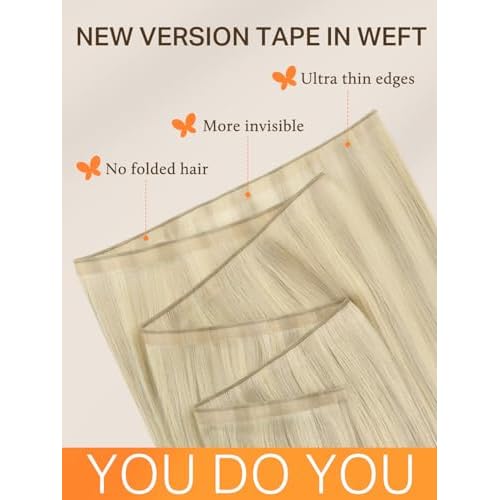 DOORES Genius Seamless Weft Hair Extensions Human Hair, Ash Blonde Highlighted Platinum Blonde 20 Inch 60g, Invisible Tape in Weft Extensions Long Wide