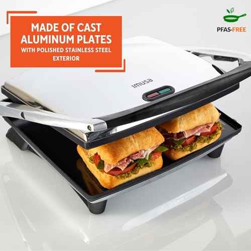IMUSA 12x10in Stainless Steel Electric Panini Press with Temperature Control, Nonstick Plates for Sandwiches, Grilled Paninis, Quesadillas, and More