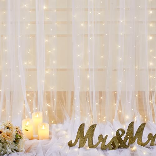 10ft x 8ft White Sheer Tulle Backdrop Curtains with Lights String Wedding Backdrop for Reception Ceremony Birthday Party B...