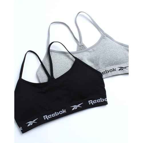 Reebok Girls Training Bra - 2 Pack Racerback Crop Cami Bralette with Removable Pads - Soft Seamless Bras for Teens (6-16)