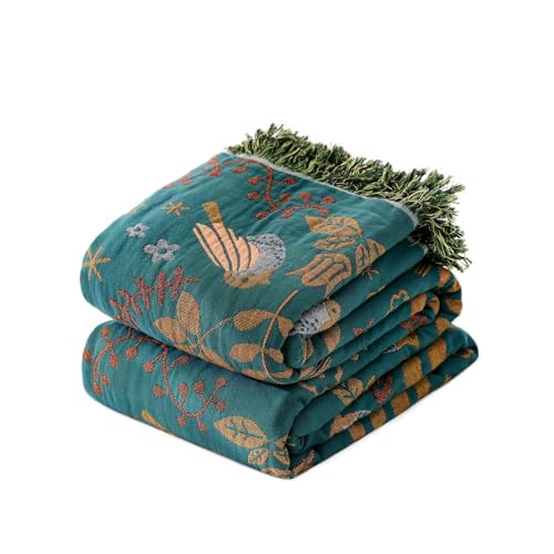 Boho Throw Blanket for Couch 100% Cotton Soft Birds and Floral Double Embroidery Breathable Throw Blankets,50"×60" All Sea...