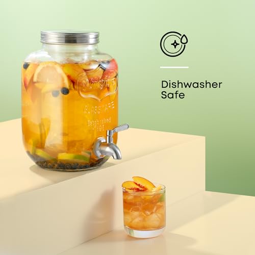 1-Gallon Drink Dispenser. Glass Beverage Dispenser with Stainless steel Spigot plus Ice Cylinder and Fruit Infuser! Water ...