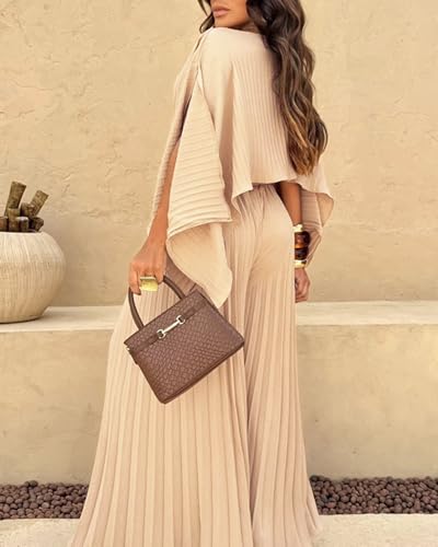 CHICME Women's 3 Piece Pleated Outfits One Shoulder Tops with High Waisted Wide Leg Pants Casual Vacation Outfit