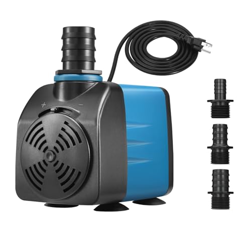 TONGCHANT 480GPH Adjustable Flow Fountain Pump with 3 Nozzles (1/2", 5/8", 3/4"), 10ft High Lift, 35W Ultra-Quiet Submersi...