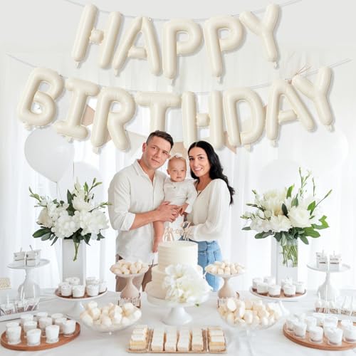 Cream Happy Birthday Balloon Banner, Neutral Beige Happy Birthday Foil Balloon, 16 Inch Ivory White Sand Born Day Bunting ...