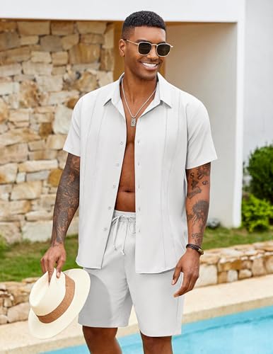 COOFANDY Men's 2 Piece Outfits Cuban Guayabera Short Sleeve Shirts and Shorts Summer Beach Vacation Sets for Men