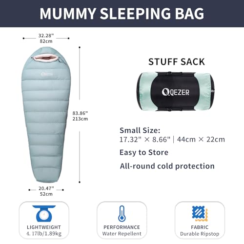 QEZER Down Sleeping Bag for Adults with 620 Fill Power Down Ultralight Mummy Backpacking Sleeping Bag