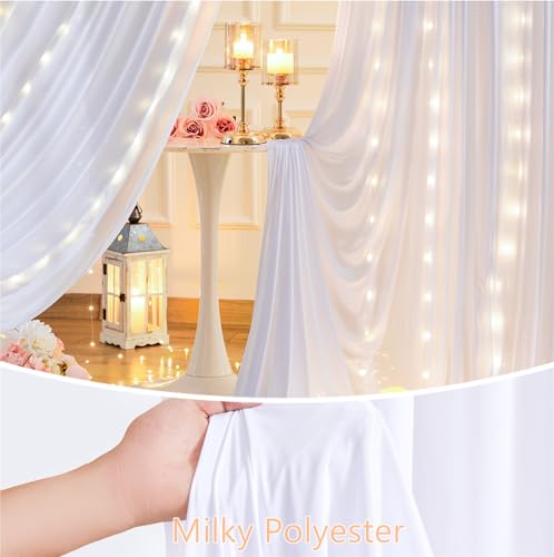 10 x 10 ft White Backdrop Curtains with Lights String for Wedding Polyester Photo Background Drapes White Wrinkle Free Sof...