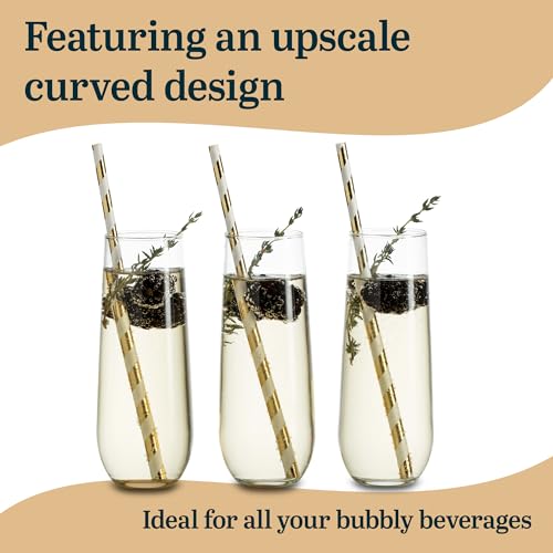 Libbey 228 Stemless Champagne Flutes Glass Set of 12, Elegant 8.5 Oz Flute Glasses for Champagne, Clear Fluted Glassware