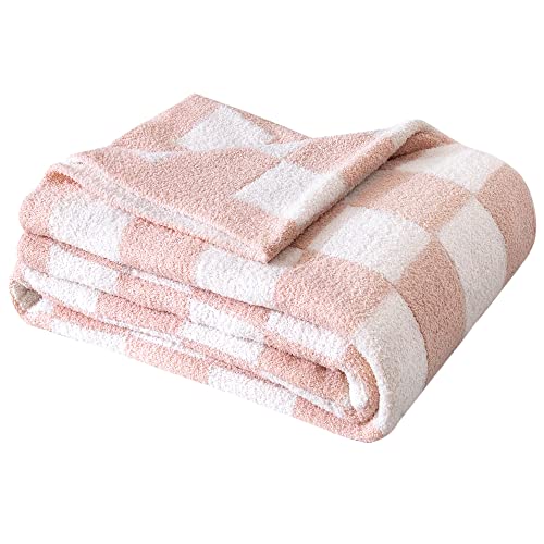 SeaRoomy Checkered Throw Blanket, Ultra Soft Microfiber Knit Throw Blanket, Cozy Fluffy Fuzzy Reversible Checkerboard Pink...