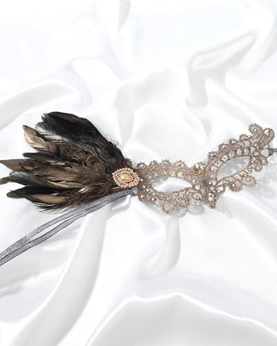 Zinniday Halloween Feather Masquerade Masks - 1920s 50s Antique Lace Venetian Mask for Women Renaissance Cosplay Party