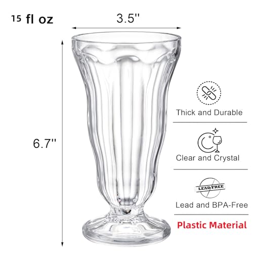 Mezchi 6 Pack Acrylic Milkshake Glasses, 15 OZ Plastic Old Fashioned Soda Glass, Shatterproof Footed Ice Cream Cups, Clear...