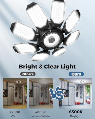 Adiding LED Garage Ceiling Lights 2 Pack w/ 8+1 Adjustable Panel, Super Bright 28000LM Deformable Basement Light Bulb Fixt...