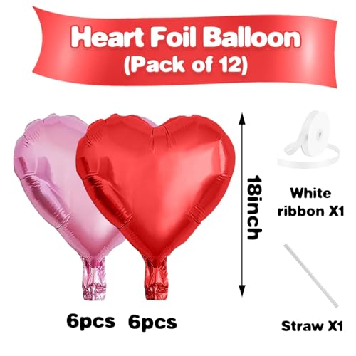 Pink Red Heart Balloons,12Pcs 18 Inch Light Pink Foil Love Heart Shaped Balloons for Valentines Day Birthday Wedding Engag...