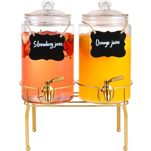 Drink Dispensers for Parties,2 Pack 1 Gallon Beverage Dispenser with Stand,Drink Dispenser With Glass Lid and Stainless St...