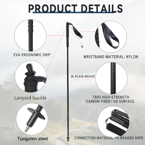 2pc High Strength 5-Section Foldable Carbon Fiber Trekking Poles - 115g/125g/130g, Compact Hiking Staff for Men & Women, I...