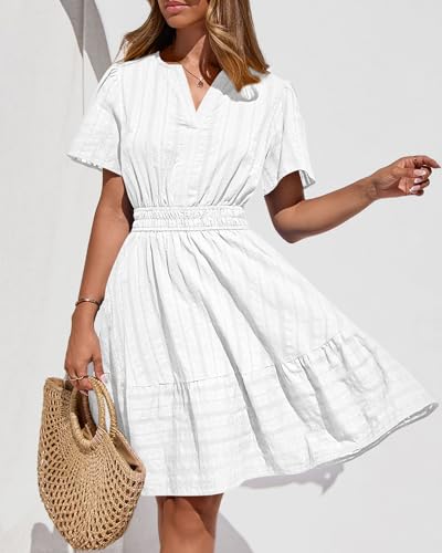 BTFBM Womens Spring 2026 Casual Mini Dresses Lightweight Short Sleeve V Neck Elastic Waist Cute Boho Beach Dress Pockets