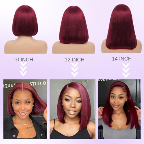 ALHER Short Bob Wig 99J Dark Burgundy, 12A Straight Small Cap 13x4 Lace Frontal Wigs Human Hair Pre Plucked With Baby Hair, Small Cap Wig Size 21-21.5 180% Density for Black Women 10 Inch